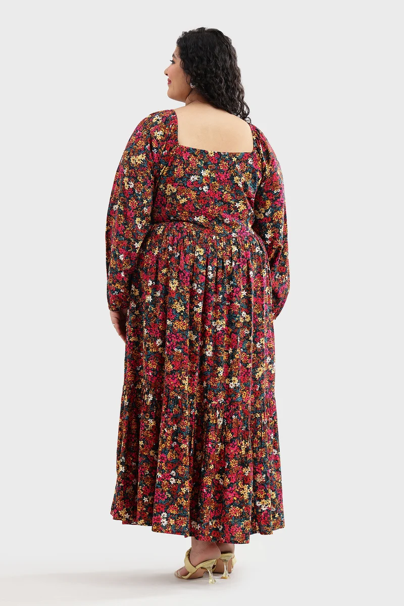 Eleah|100% Viscose Printed Ruched Tiered Dress