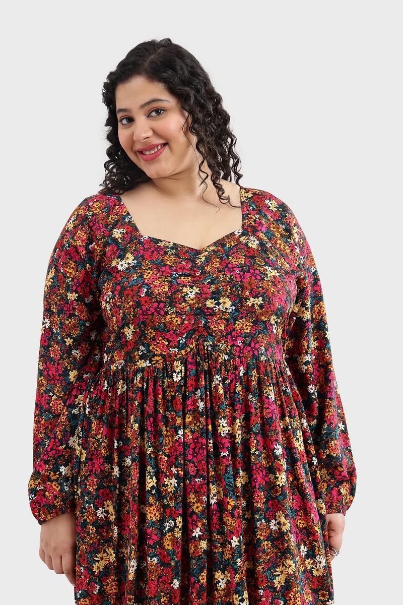 Eleah|100% Viscose Printed Ruched Tiered Dress