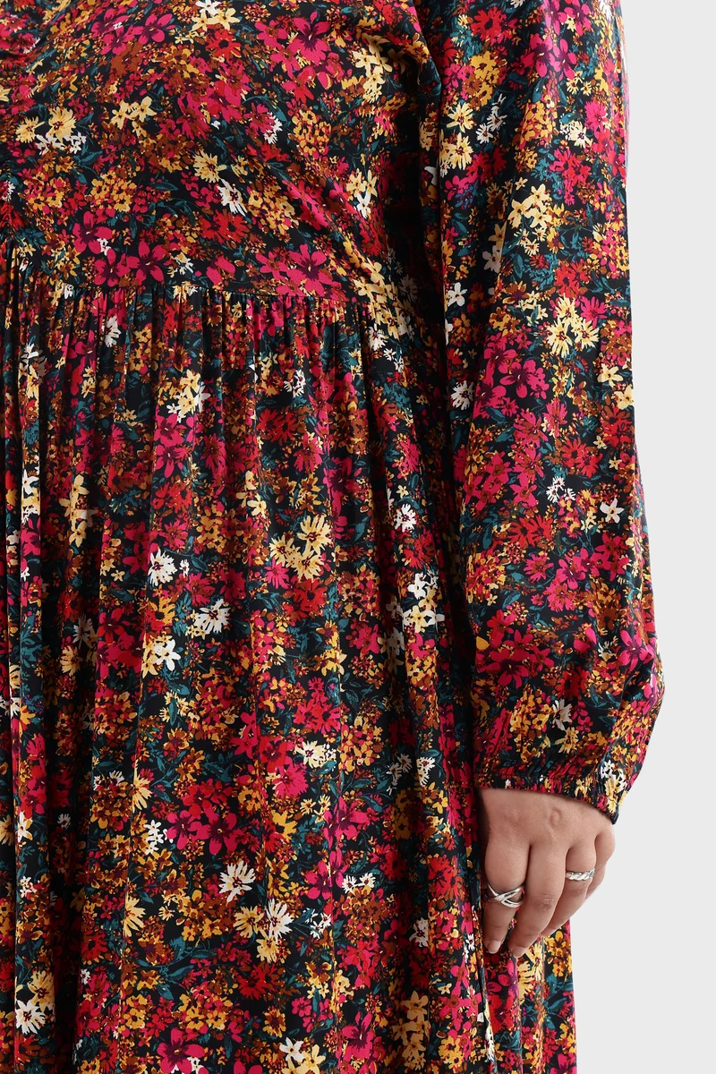 Eleah|100% Viscose Printed Ruched Tiered Dress