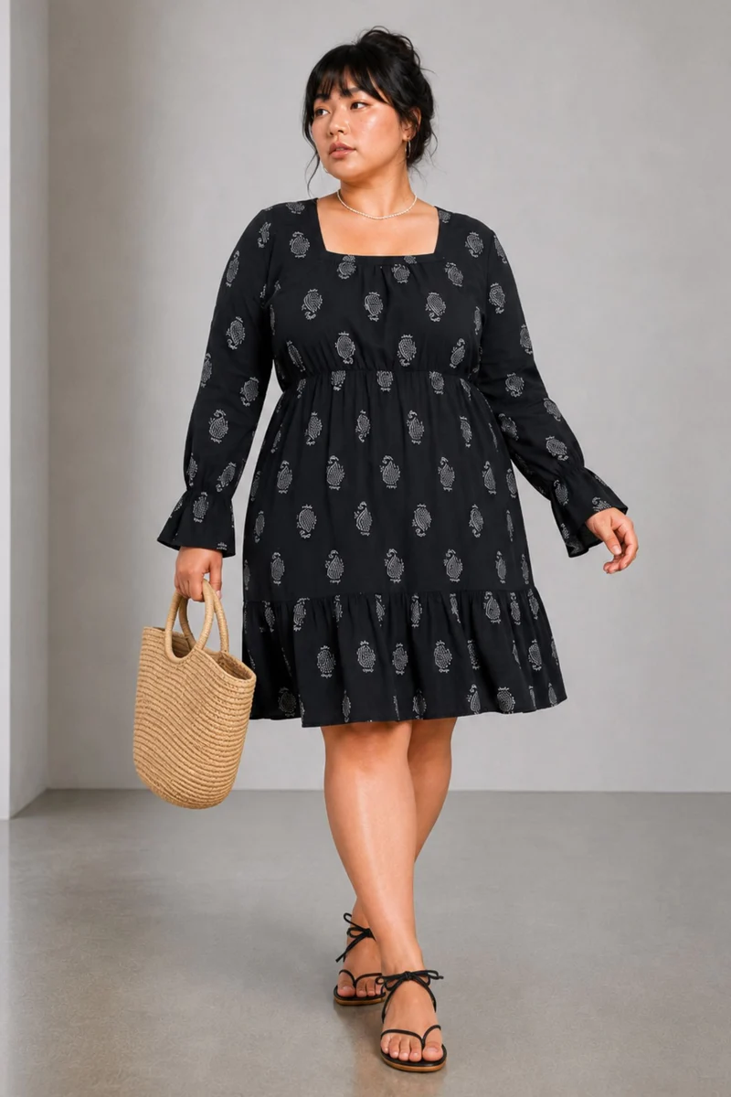 Eldisa|100% Viscose Printed Square Neck Midi Dress