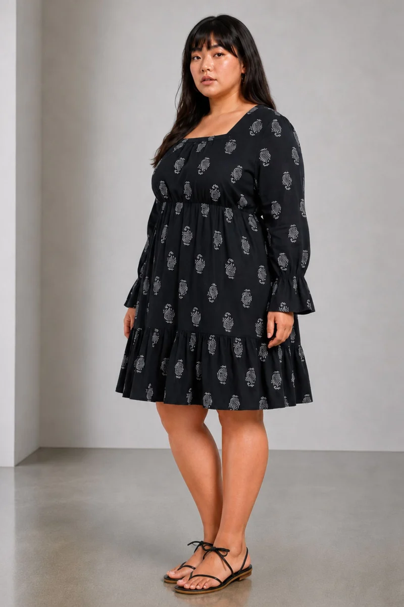 Eldisa|100% Viscose Printed Square Neck Midi Dress