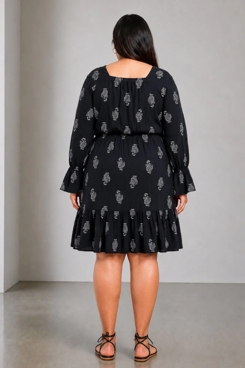 Eldisa|100% Viscose Printed Square Neck Midi Dress