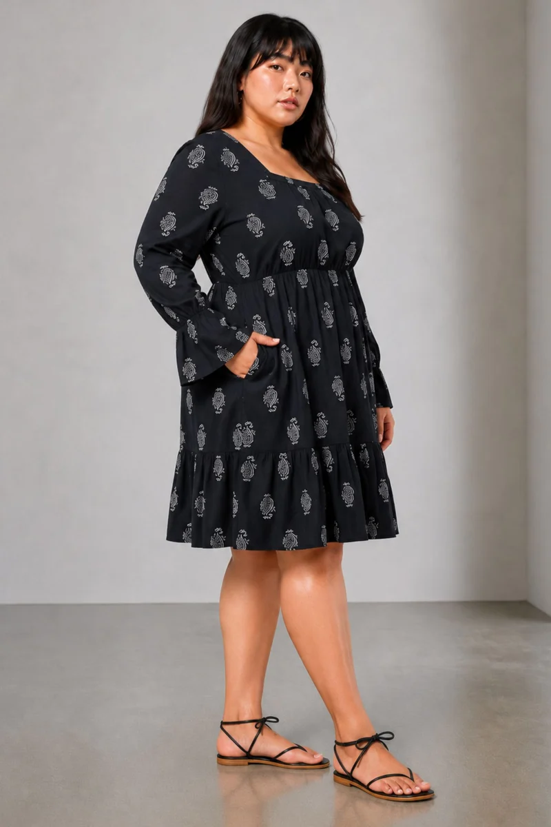 Eldisa|100% Viscose Printed Square Neck Midi Dress