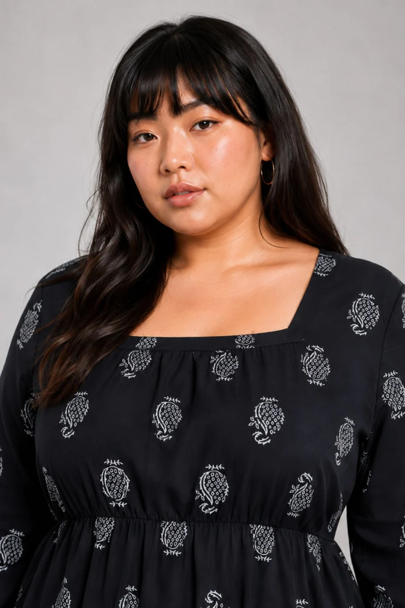 Eldisa|100% Viscose Printed Square Neck Midi Dress