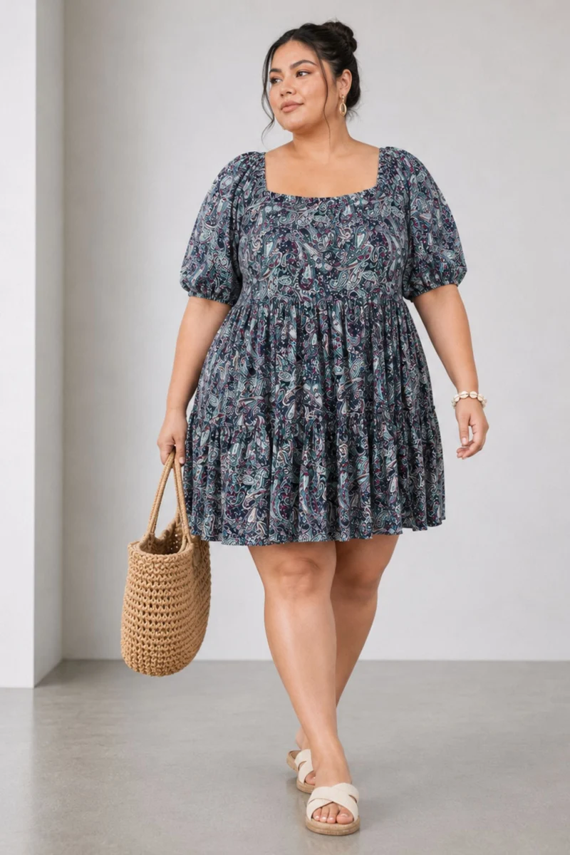 Elmia|100% Viscose Printed Smocked Mini Dress