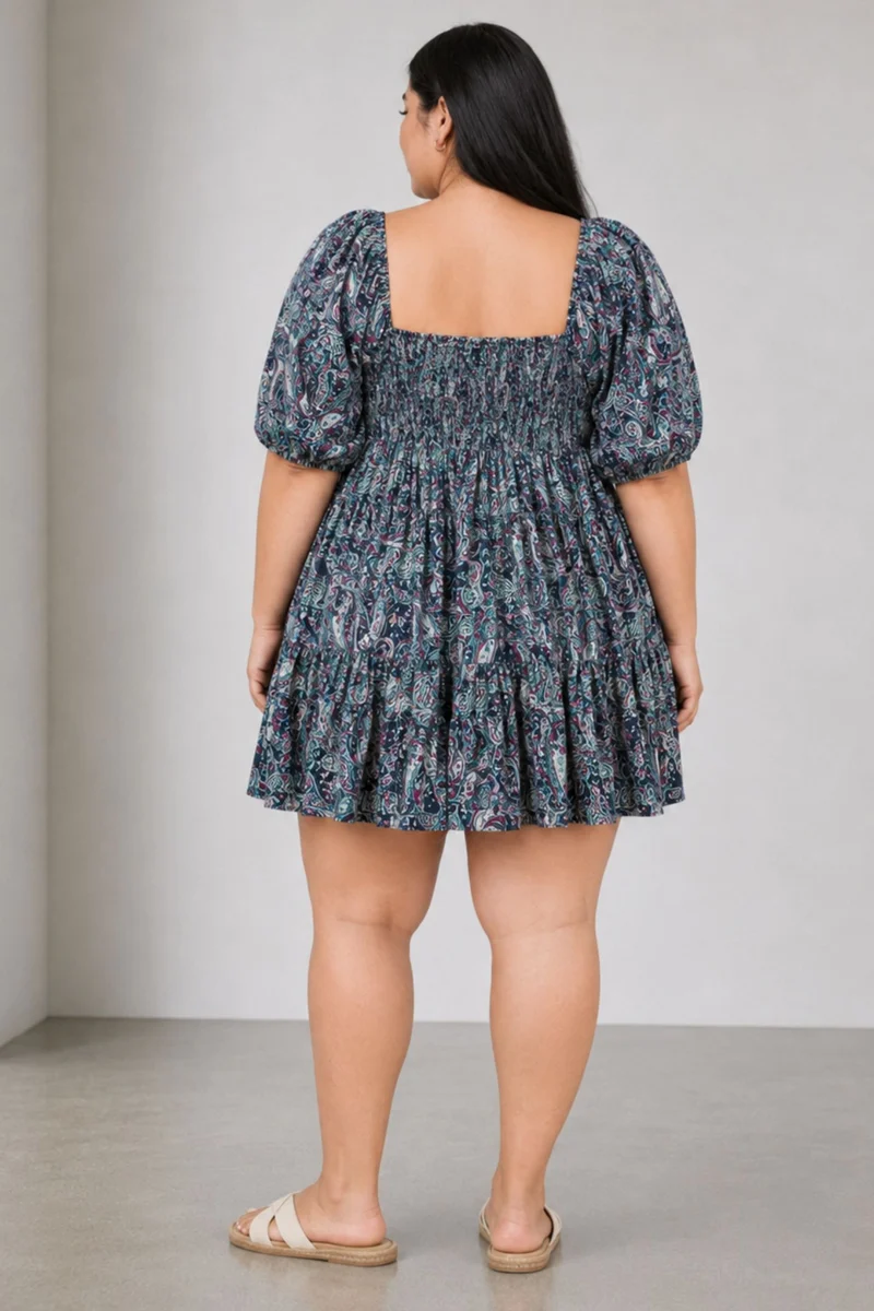 Elmia|100% Viscose Printed Smocked Mini Dress