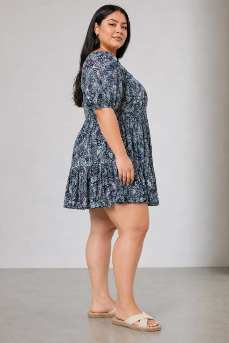 Elmia|100% Viscose Printed Smocked Mini Dress