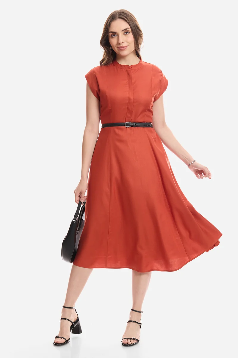 Dalya|100% Viscose Mandarin Collar Shirt Dress