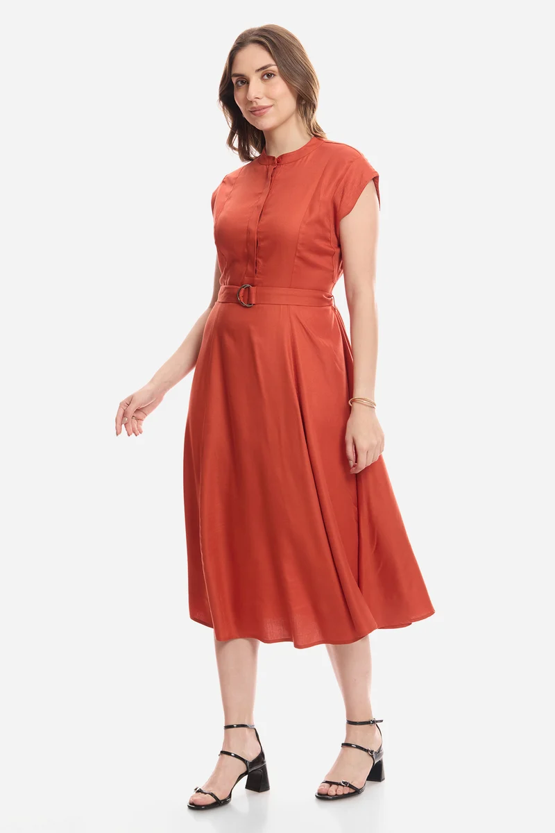Dalya|100% Viscose Mandarin Collar Shirt Dress