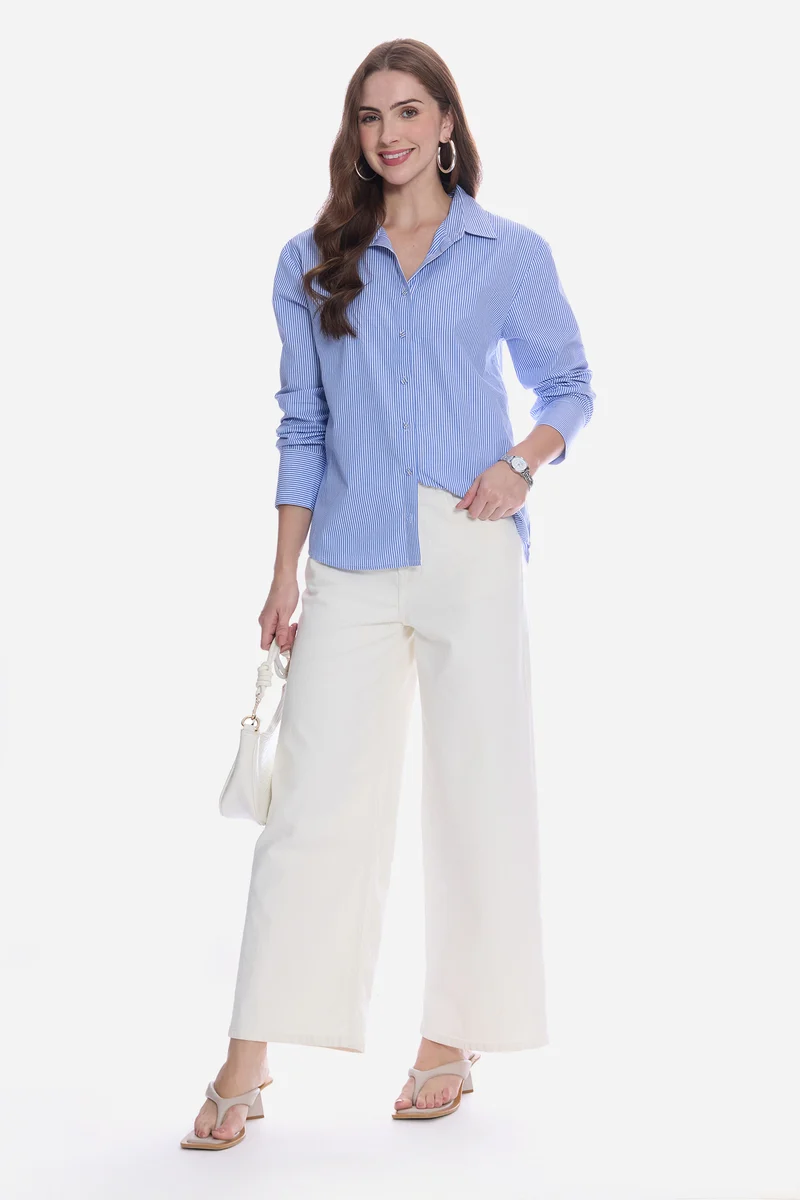 Emila|100% Cotton Blue & White Pin Striped Shirt