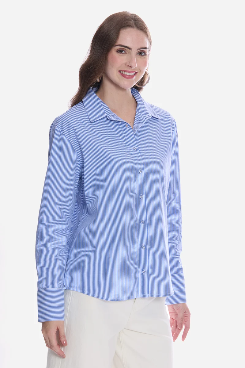 Emila|100% Cotton Blue & White Pin Striped Shirt