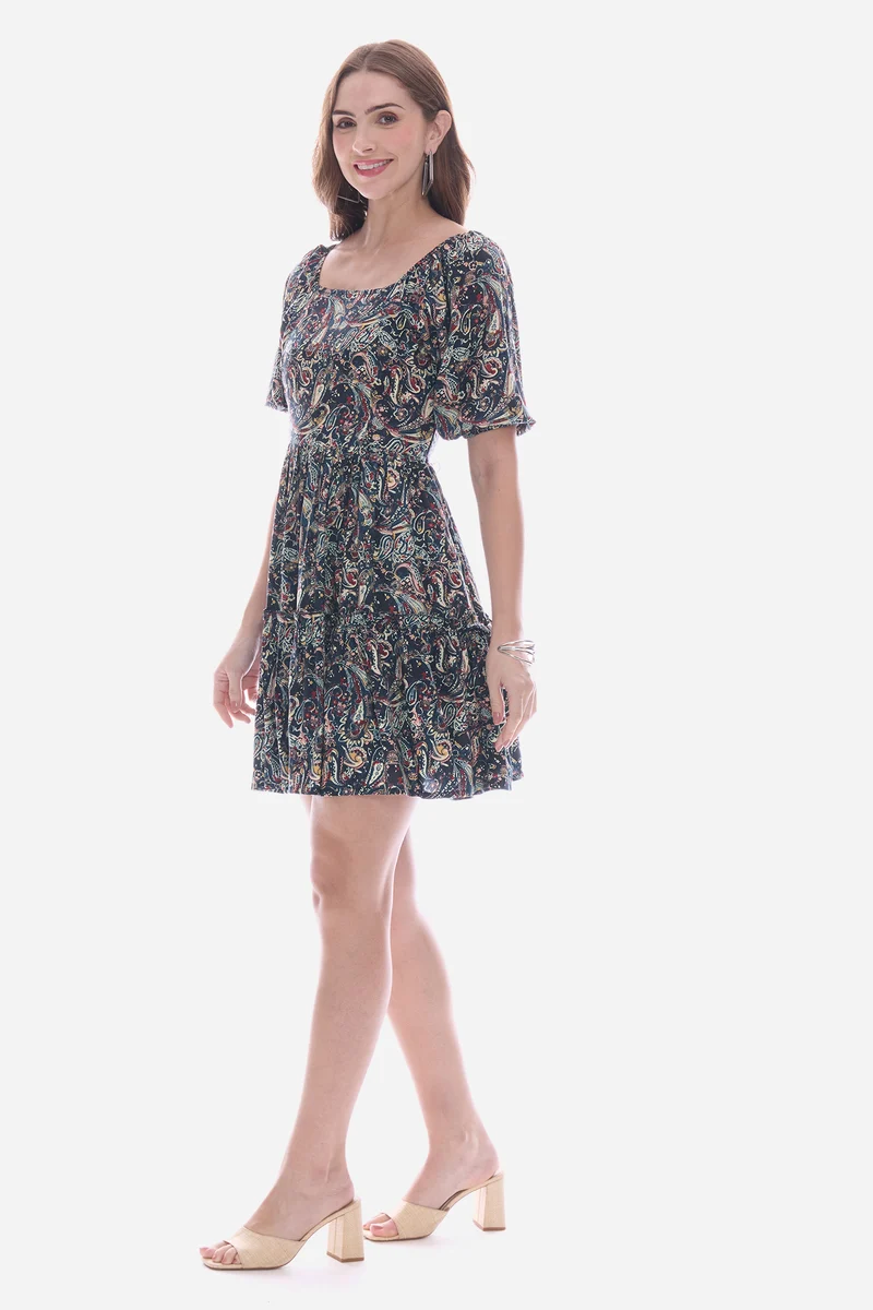 Emiia|100% Viscose Printed Smocked Mini Dress