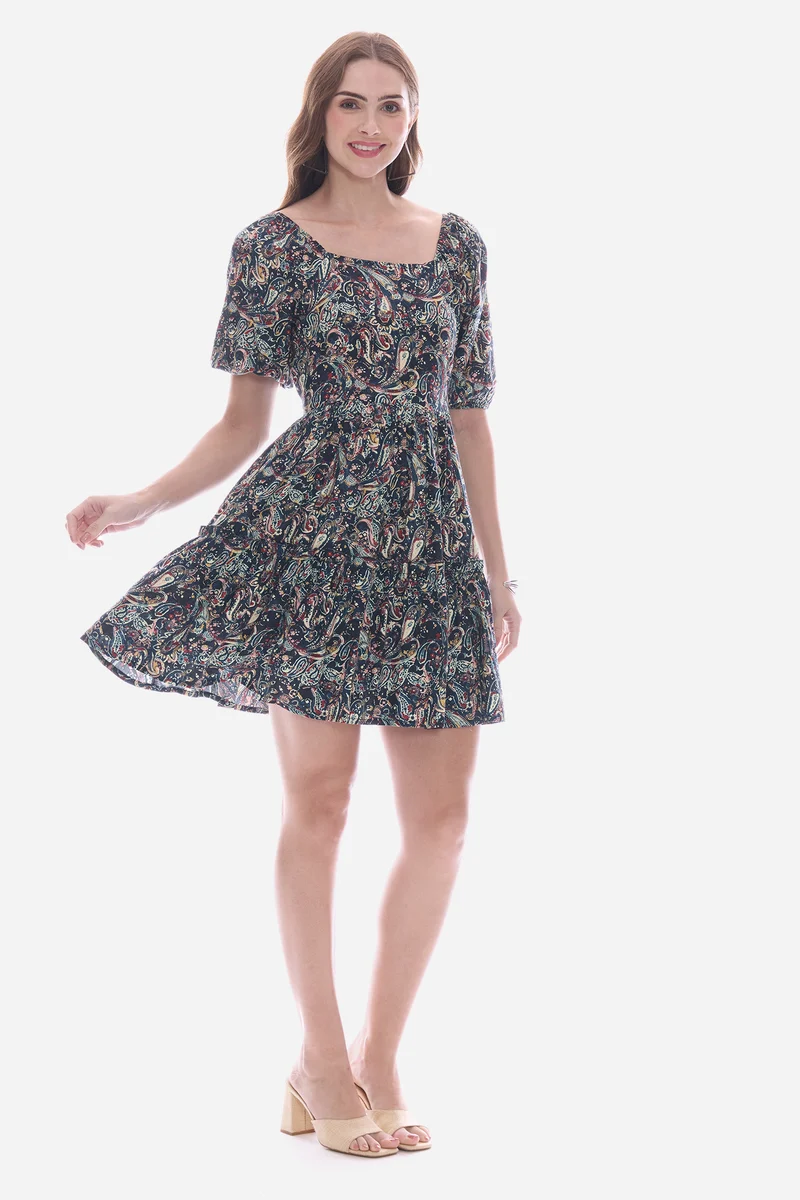 Emiia|100% Viscose Printed Smocked Mini Dress