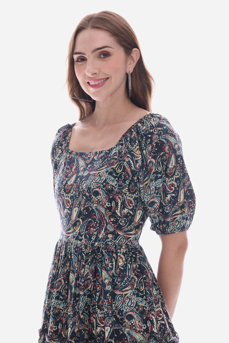 Emiia|100% Viscose Printed Smocked Mini Dress