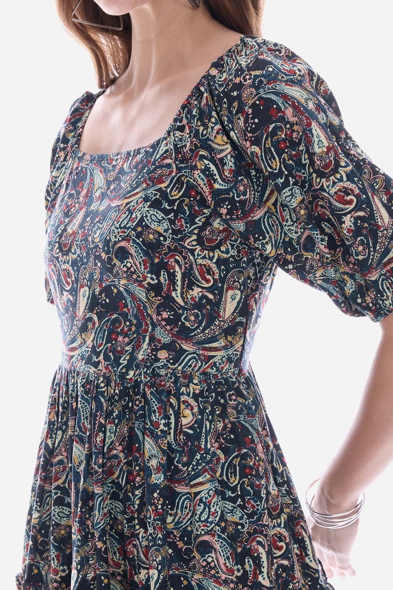 Emiia|100% Viscose Printed Smocked Mini Dress