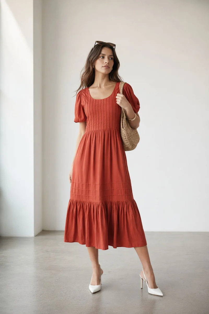 Akanu|100% Viscose Pintuck Midi Length Dress