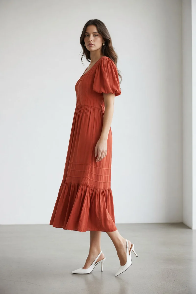 Akanu|100% Viscose Pintuck Midi Length Dress