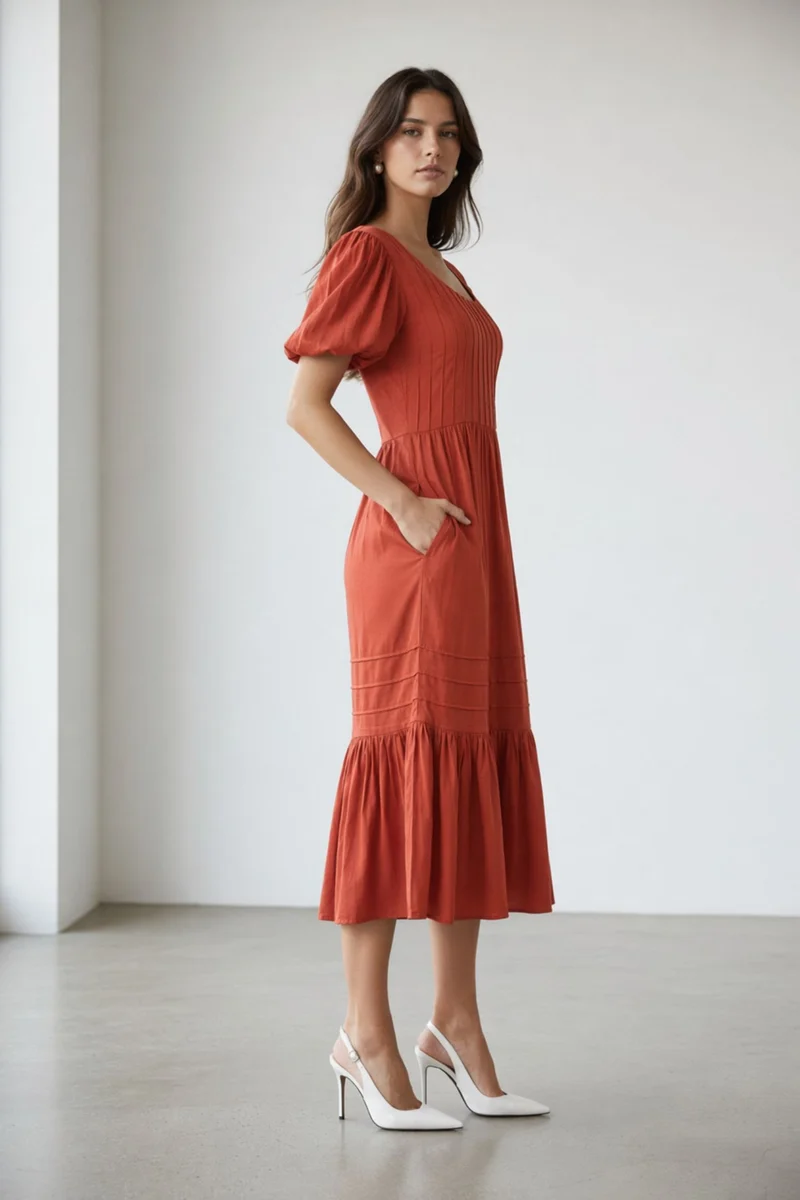 Akanu|100% Viscose Pintuck Midi Length Dress