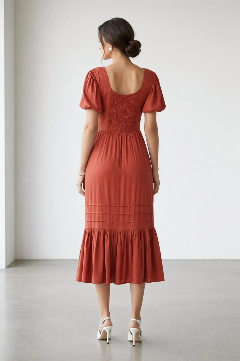 Akanu|100% Viscose Pintuck Midi Length Dress