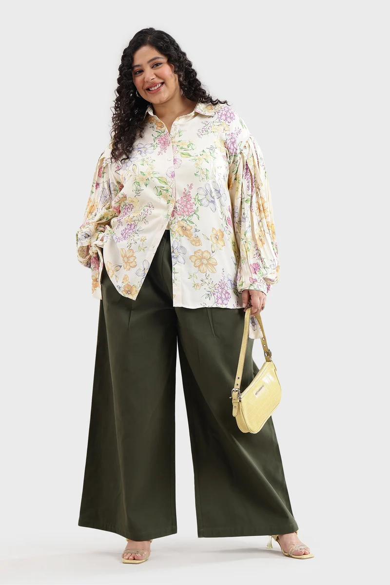Cadah|Viscose Moss Printed Shirt With Cuff Tie-Up