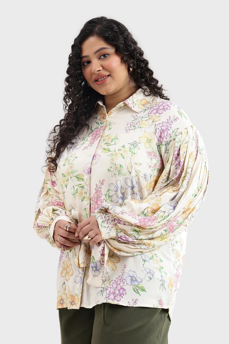 Cadah|Viscose Moss Printed Shirt With Cuff Tie-Up