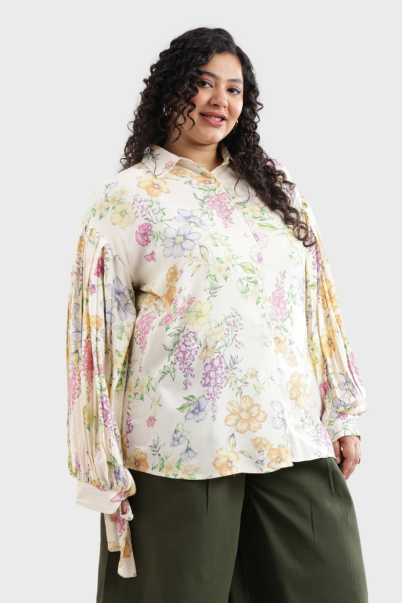 Cadah|Viscose Moss Printed Shirt With Cuff Tie-Up