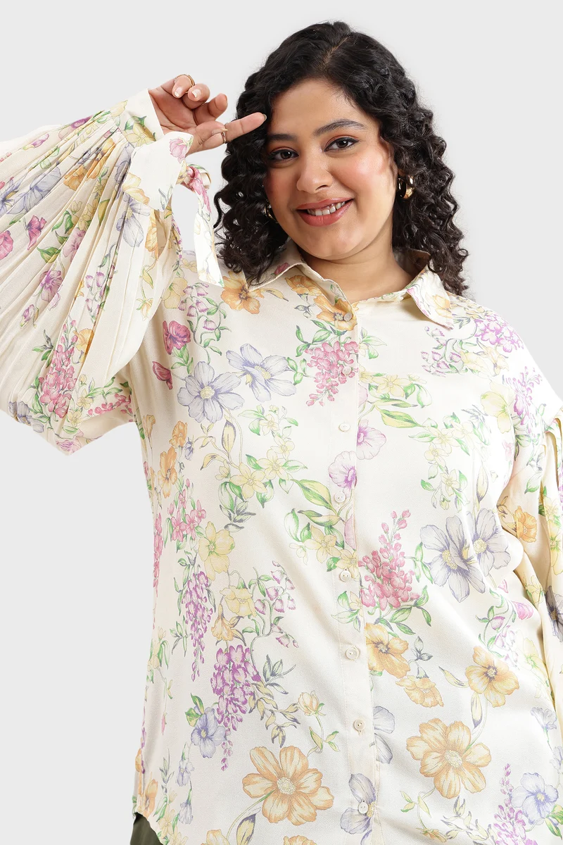 Cadah|Viscose Moss Printed Shirt With Cuff Tie-Up