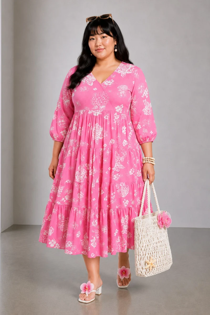 Bevel|100% Viscose Printed V-Neck Midi Dress