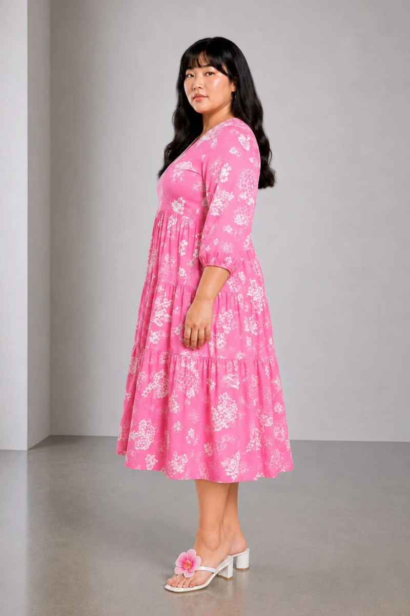 Bevel|100% Viscose Printed V-Neck Midi Dress