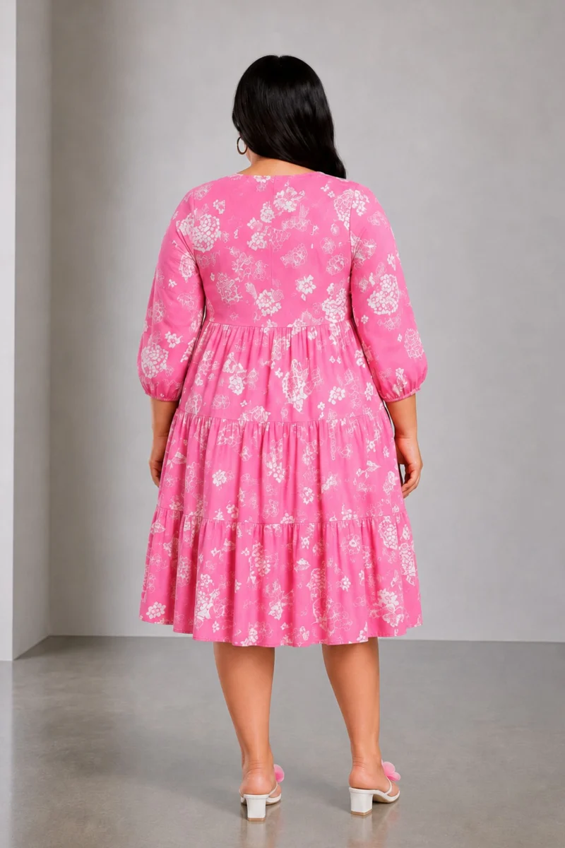 Bevel|100% Viscose Printed V-Neck Midi Dress