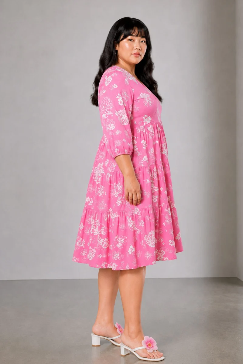 Bevel|100% Viscose Printed V-Neck Midi Dress
