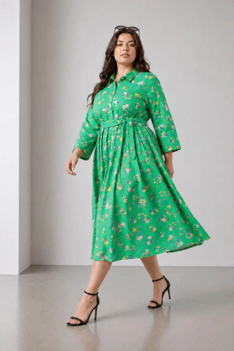 Elois|100% Cotton Shirt Dress With Fabric Tie Up
