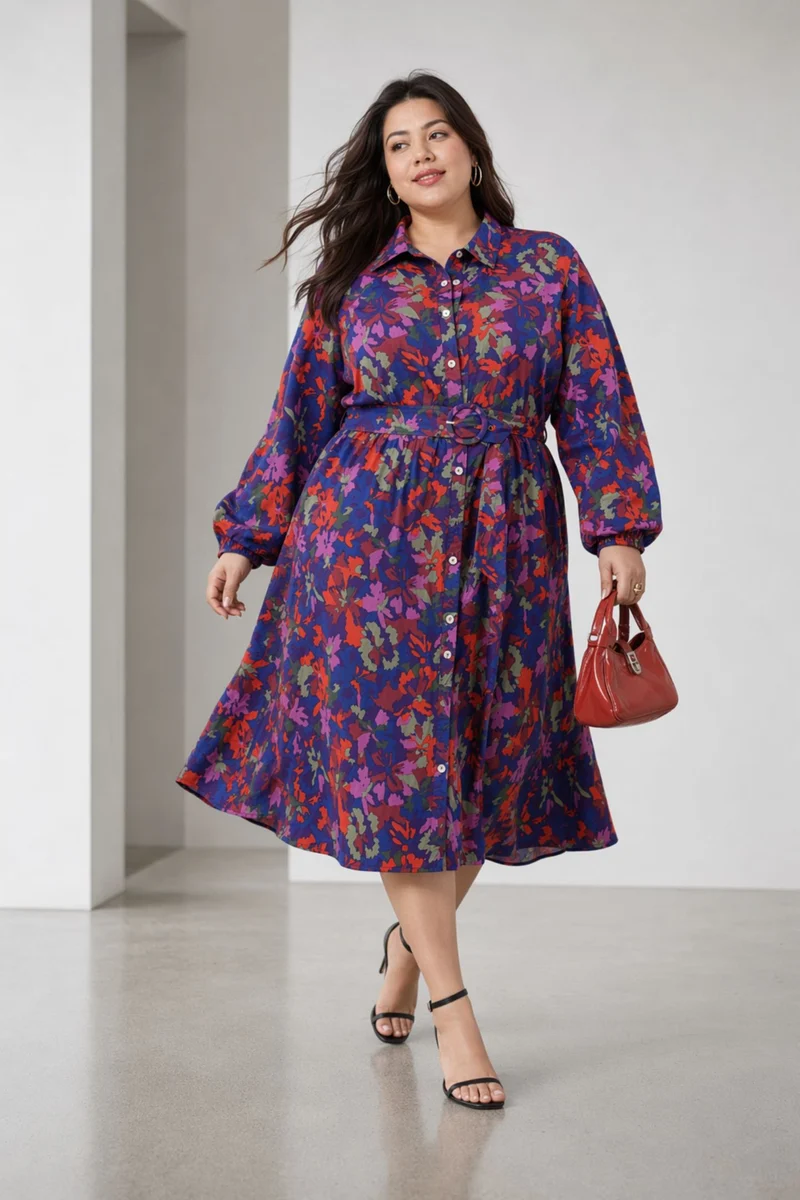 Cana|100% Cotton Printed Shirt Dress With Belt