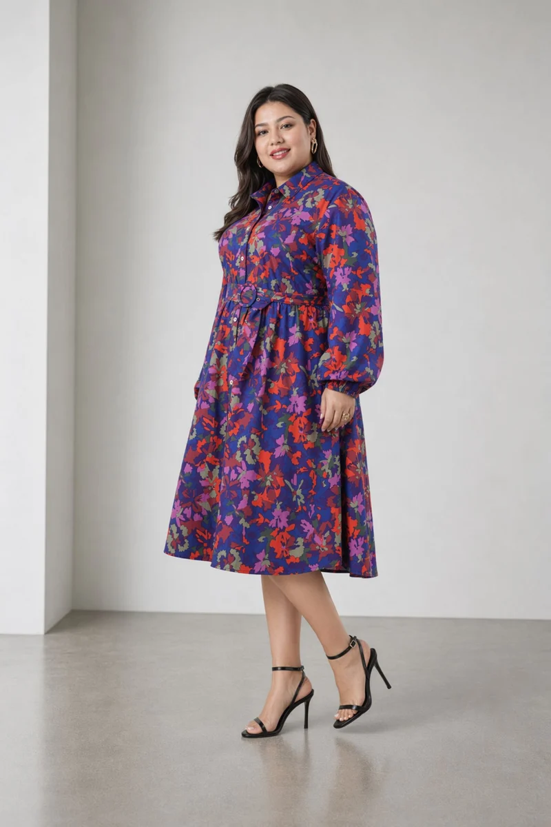 Cana|100% Cotton Printed Shirt Dress With Belt