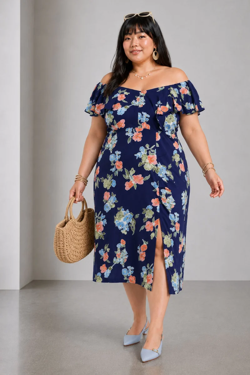 Eloel|100% Viscose Printed Midi Dress With Slit