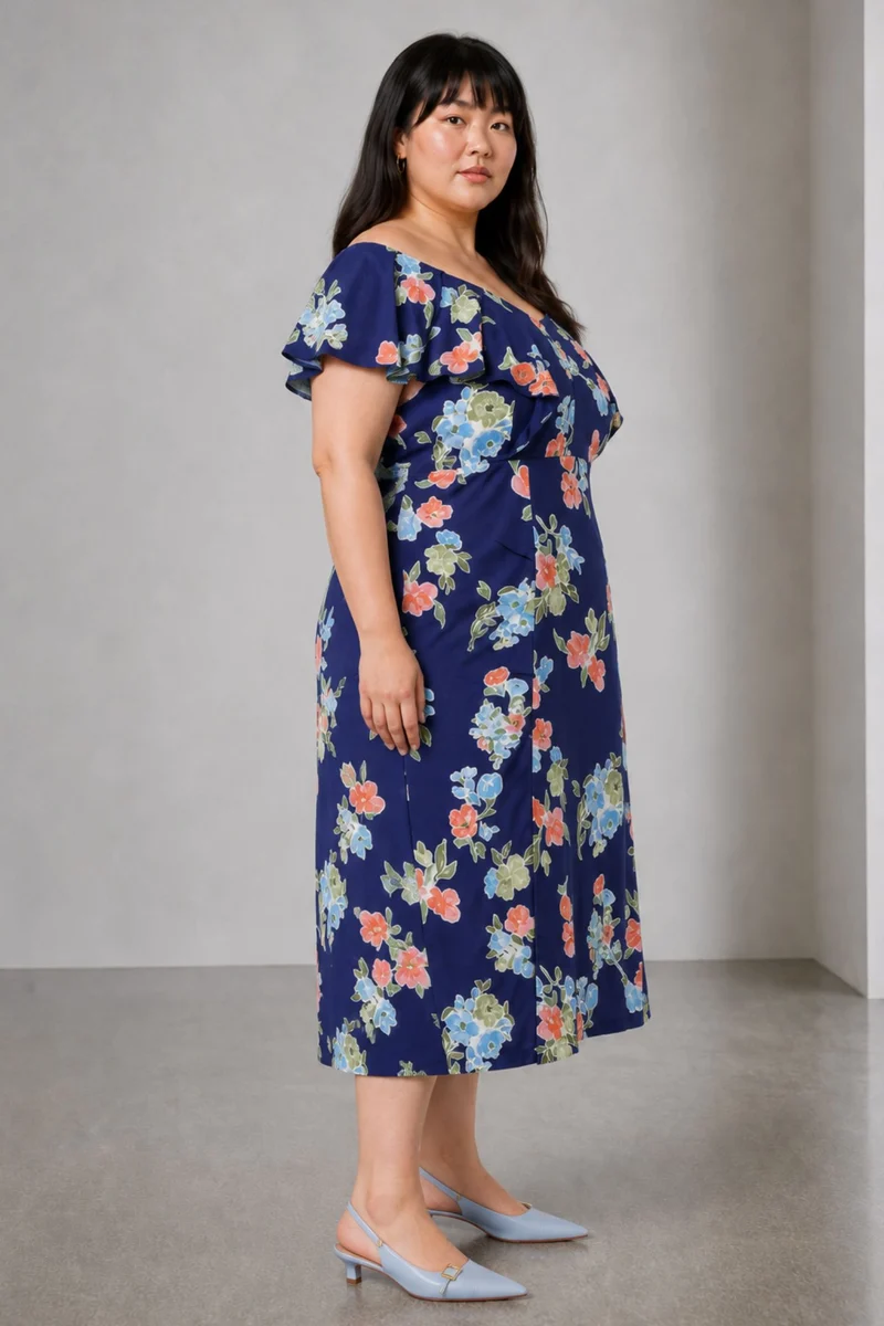 Eloel|100% Viscose Printed Midi Dress With Slit