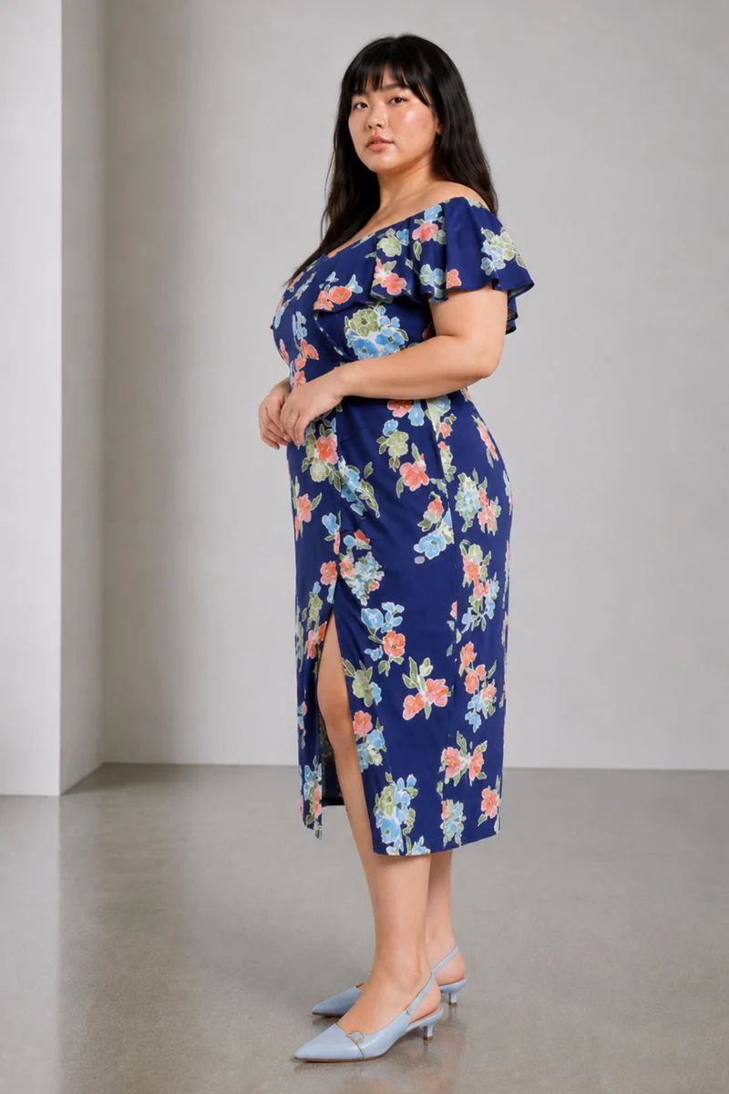 Eloel|100% Viscose Printed Midi Dress With Slit