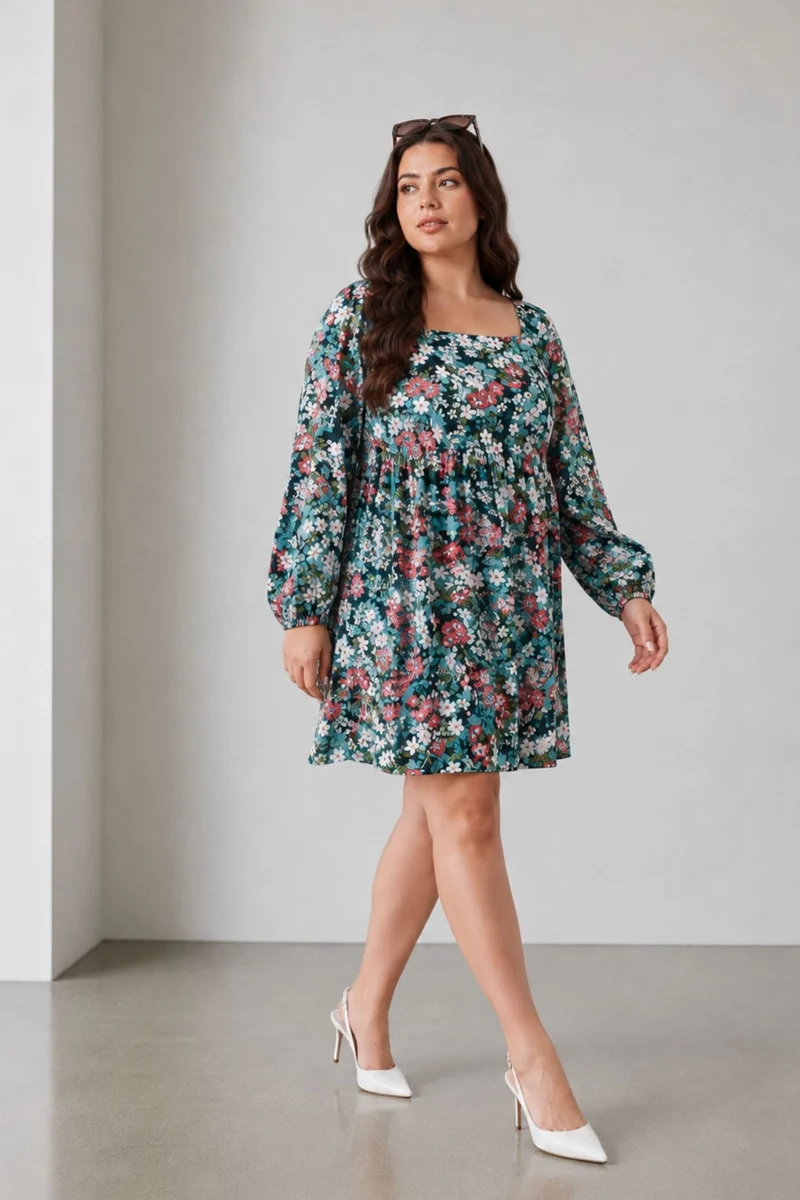 Elnah|100% Viscose Printed Square Neck Mini Dress