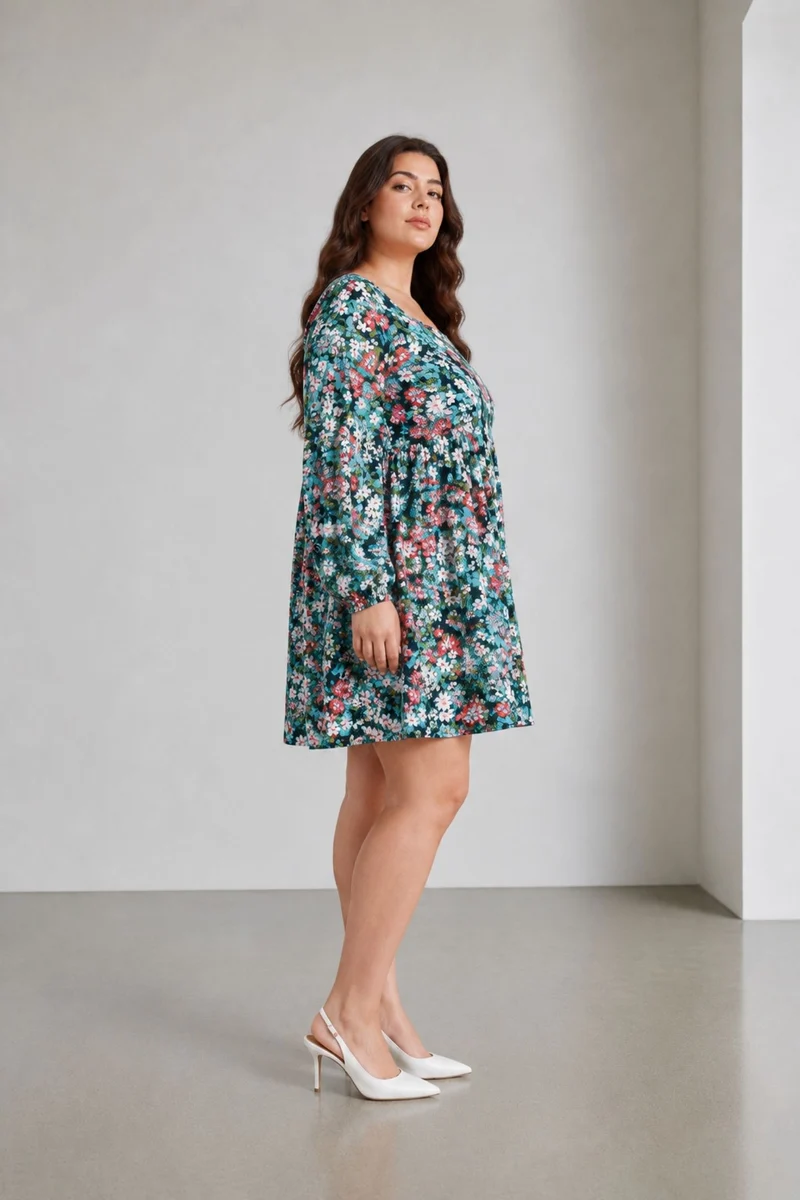 Elnah|100% Viscose Printed Square Neck Mini Dress