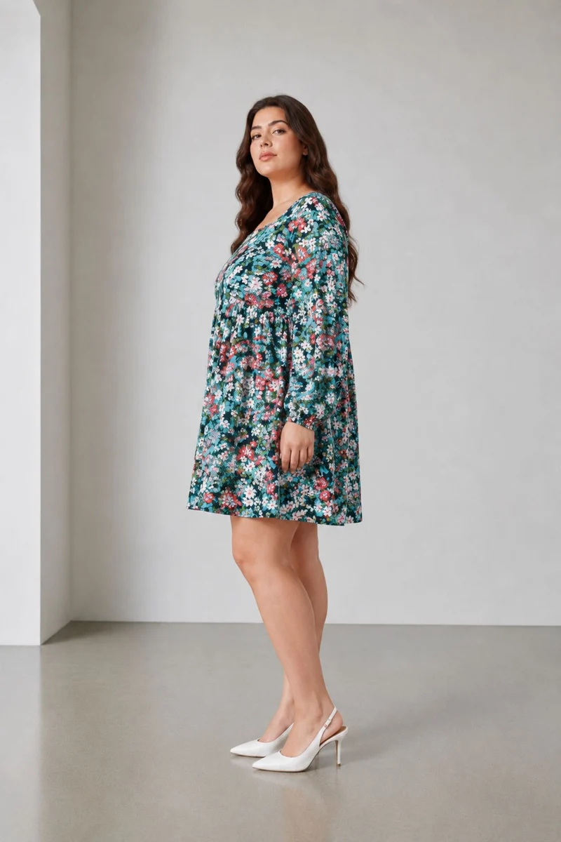 Elnah|100% Viscose Printed Square Neck Mini Dress