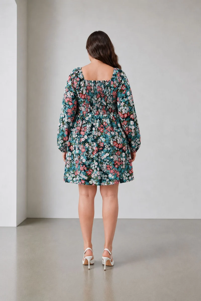 Elnah|100% Viscose Printed Square Neck Mini Dress