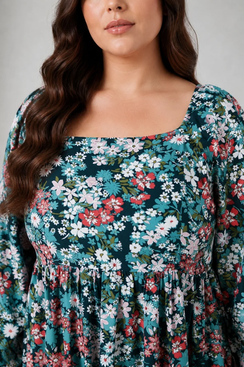 Elnah|100% Viscose Printed Square Neck Mini Dress