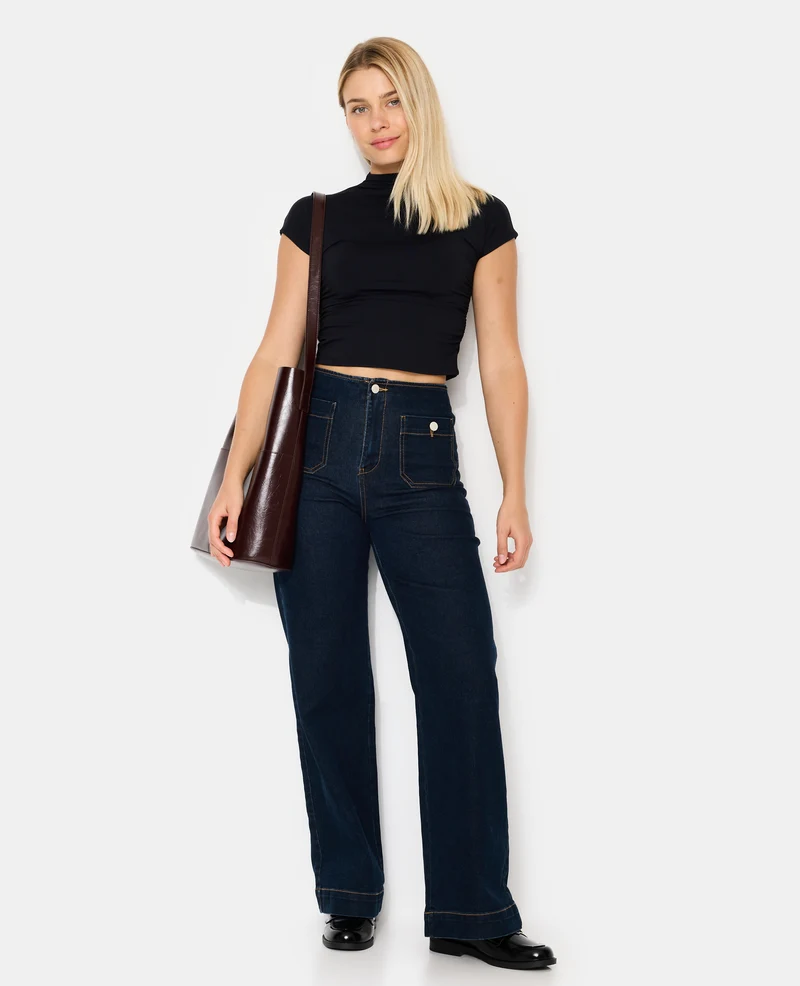 Jean wide taille haute avec poches devant