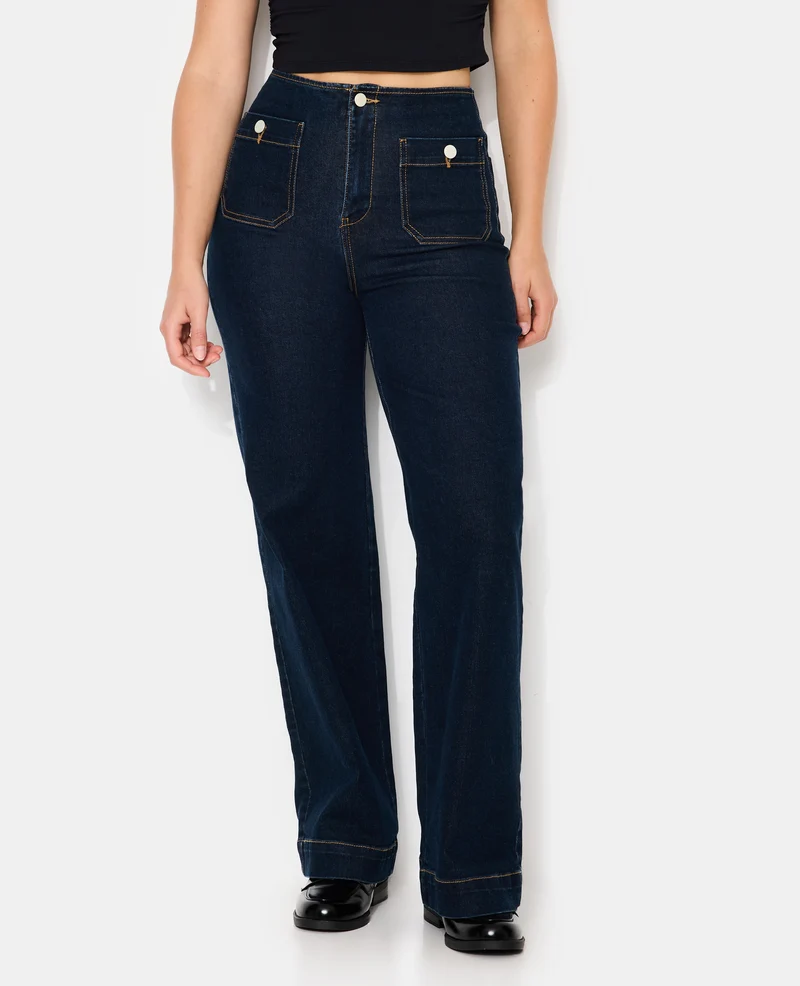 Jean wide taille haute avec poches devant