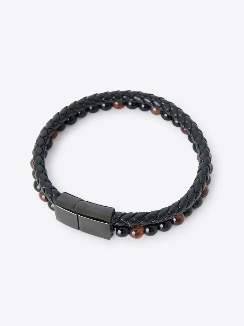Double bracelet cuir tressé et perles