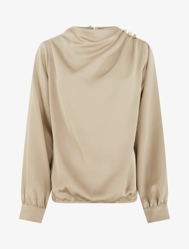 Top boule satiné à col bénitier et boutons - Beige