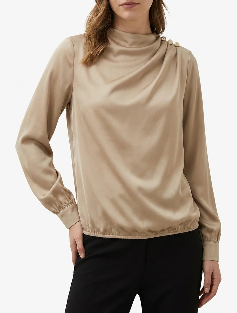 Top boule satiné à col bénitier et boutons - Beige