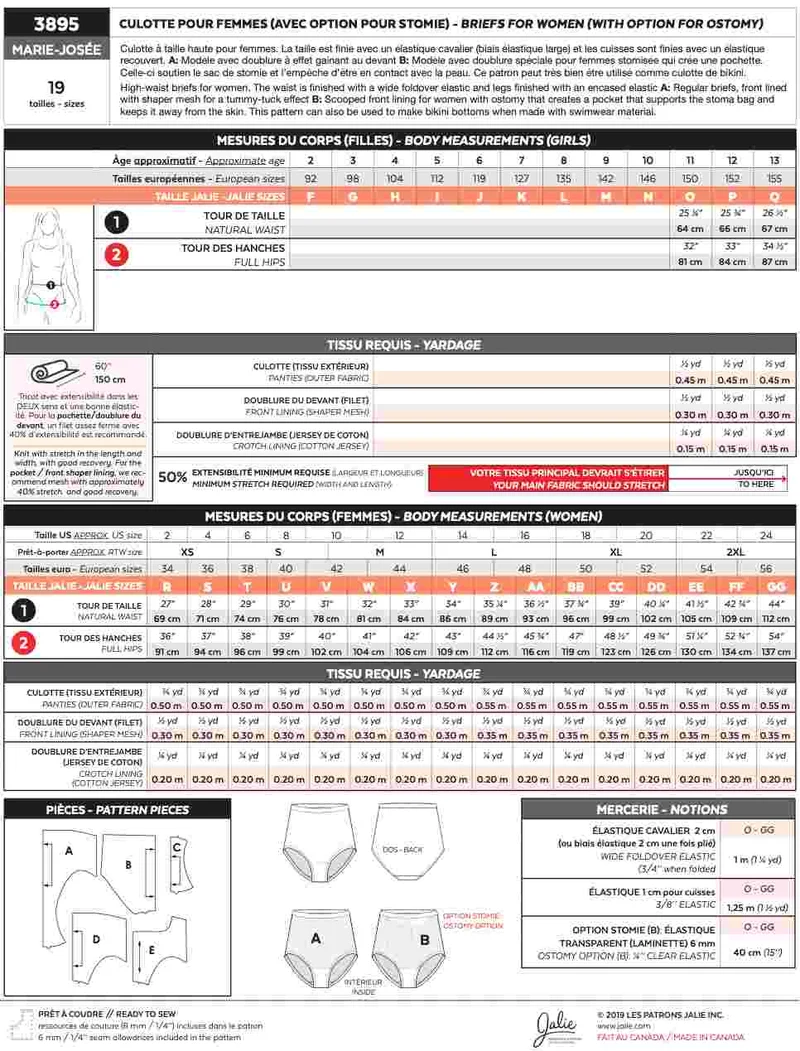 PDF PATRON DE COUTURE | 3895 | MARIE-JOSÉE Culotte pour femme (option stomie) | Jalie | BILINGUE (FR/EN)