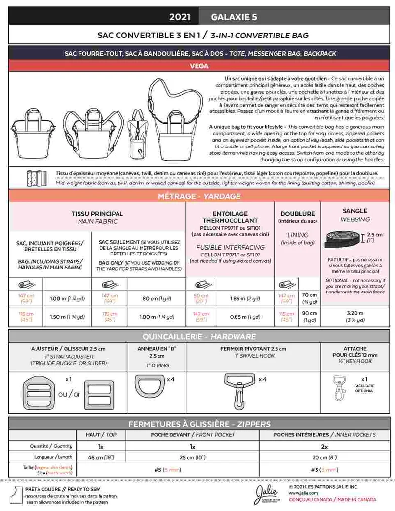 PDF PATRON DE COUTURE | 2021 | GALAXIE 5 | Sac à dos convertible 3-en-1 | Jalie | BILINGUE (FR/EN)