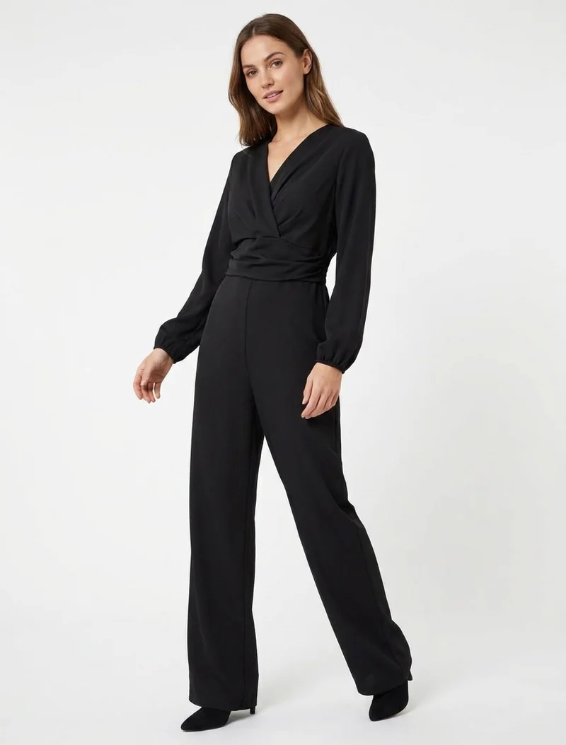 Combinaison manches longues à taille effet drapé - Noir